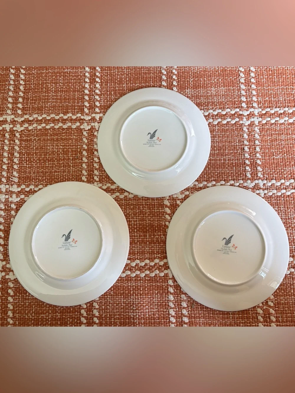 Set of 3 Lynn’s Farfalla Pink Rim Orange Butterfly Dinner Plates Size 10.5”D